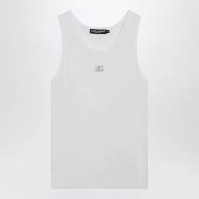 Dolce & Gabbana Dolce&gabbana Cotton Tank Top With Dg Embroidery And Rhinestones, White
