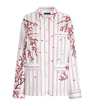 Dolce & Gabbana Dolce&gabbana Cotton-silk Stripe Embroidered Shirt In White