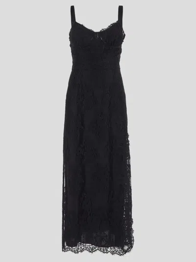 Dolce & Gabbana Lace Calf-length Slip Dress With Spaghetti Straps In Black