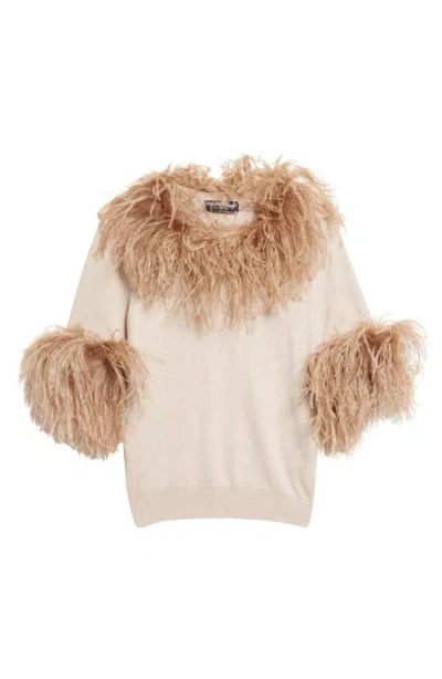 Dolce & Gabbana Dolce&gabbana Feather Trim Short Sleeve Cashmere Sweater In Neutral