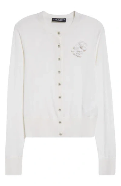 DOLCE & GABBANA DOLCE&GABBANA FLORAL APPLIQUÉ SILK CREWNECK CARDIGAN