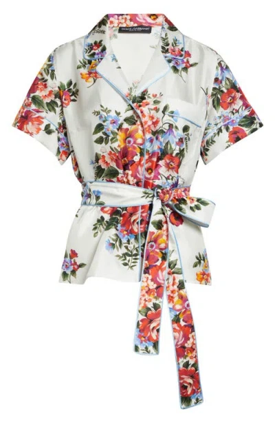 DOLCE & GABBANA DOLCE&GABBANA FLORAL BOUQUET PRINT BELTED SILK TWILL SHIRT
