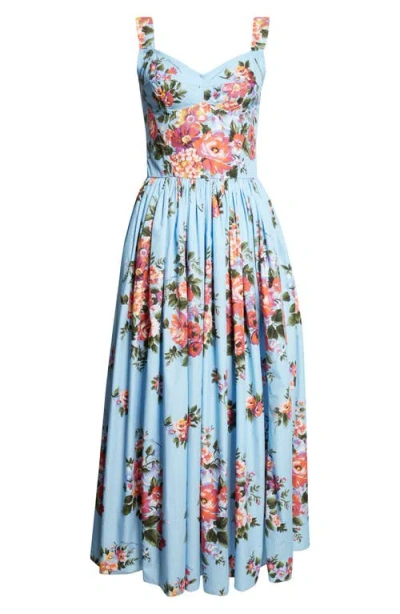 Dolce & Gabbana Dolce&gabbana Floral Bouquet Print Pleated Poplin Fit & Flare Dress In Multi