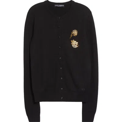 Dolce & Gabbana Dolce&gabbana Floral Brooch Virgin Wool Cardigan In Black
