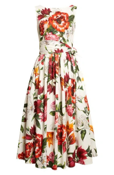 DOLCE & GABBANA DOLCE&GABBANA FLORAL PRINT BELTED POPLIN FIT & FLARE DRESS