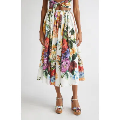 DOLCE & GABBANA DOLCE&GABBANA FLORAL PRINT PLEATED COTTON POPLIN A-LINE MIDI SKIRT