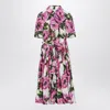 Dolce & Gabbana Pink Crewneck Dress With Logo Lettering Detail On The Front And All-over Floral Motif In Cotton Woma