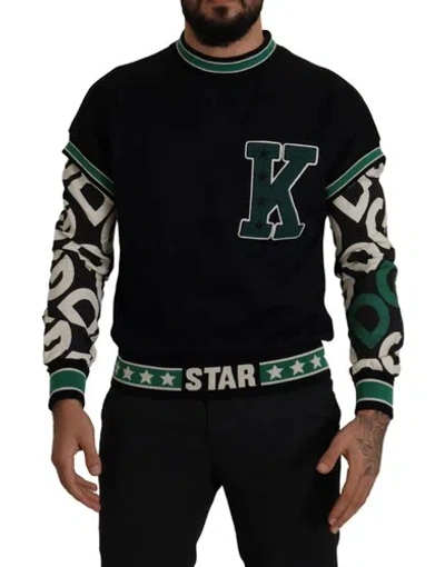 Pre-owned Dolce & Gabbana Dolce&gabbana King Men Black Green Sweater 100% Cotton Logo Print Slim Pullover