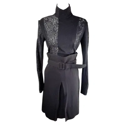 Pre-owned Dolce & Gabbana Dolce&gabbana Lace Cutouts Wooljersey Turtleneck & Belted Skirt Ensemble Fw 1995 In Black