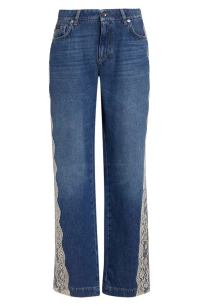 Dolce & Gabbana Dolce&gabbana Lace Panel High Waist Straight Leg Jeans In Blue