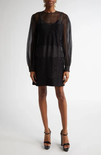 DOLCE & GABBANA DOLCE&GABBANA LACE PANELED LONG SLEEVE SHEER SILK BLEND ORGANZA DRESS