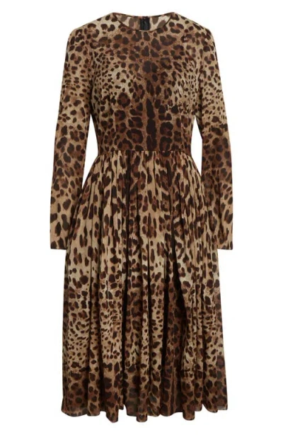 Dolce & Gabbana Dolce&gabbana Leopard Print Long Sleeve Stretch Silk Midi Dress In Animal Print