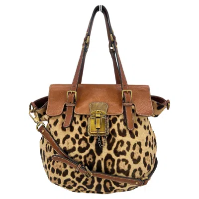 Pre-owned Dolce & Gabbana Dolce And Gabbana Leopard Print Pony Hair Tan Leather Miss Privee Shoulder Bag In Brown