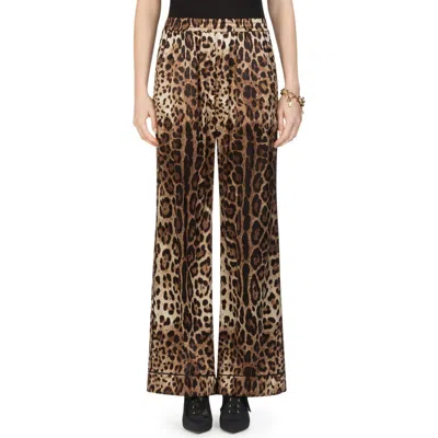 DOLCE & GABBANA DOLCE&GABBANA LEOPARD PRINT WIDE LEG STRETCH SILK SATIN PAJAMA PANTS