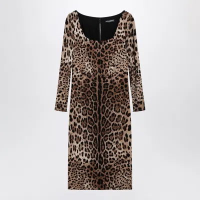 Dolce & Gabbana Leopard Print Long-sleeved Dress In Brown