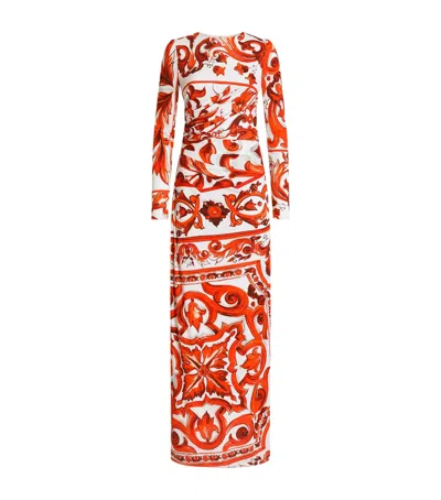 Dolce & Gabbana Dolce&gabbana Long-sleeve Majolica Print Maxi Dress In Orange
