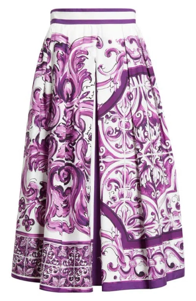 Dolce & Gabbana Dolce&gabbana Majolica Print Cotton Poplin A-line Midi Skirt In Purple