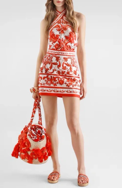 Dolce & Gabbana Dolce&gabbana Majolica Print Cotton Poplin Halter Minidress In S9000 Variante Abbinata