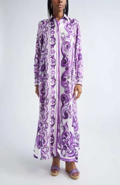Dolce & Gabbana Dolce&gabbana Majolica Print Long Sleeve Silk Shirtdress In Purple
