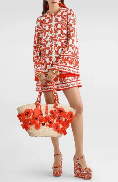 Dolce & Gabbana Dolce&gabbana Majolica Print Long Sleeve Silk Stretch Charmeuse Minidress In S9000 Variante Abbinata