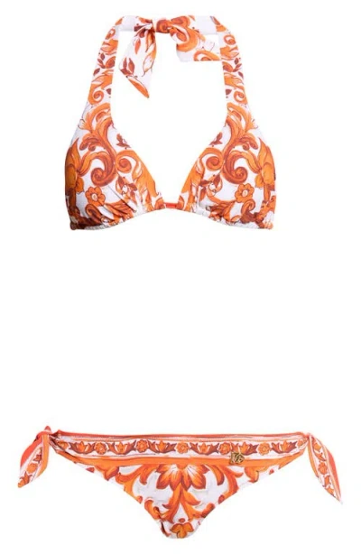 Dolce & Gabbana Dolce&gabbana Majolica Print Triangle Two-piece Swimsuit In Brown