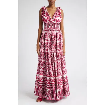 Dolce & Gabbana Women's Maiolica Print Poplin Maxi Dress In Pink