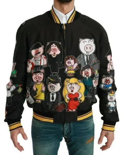 Pre-owned Dolce & Gabbana Dolce&gabbana Men Black Bomber Jacket 100%polyester Year Of The Pig Print Blazer
