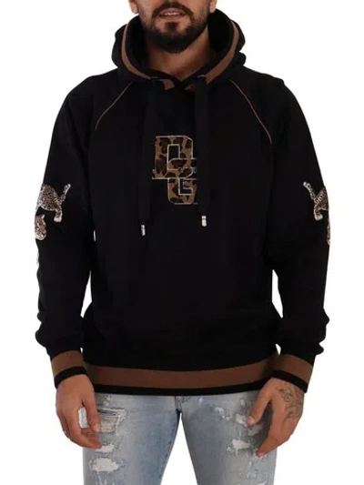 Pre-owned Dolce & Gabbana Dolce&gabbana Men Black Hooded Sweatshirt 100% Cotton Logo Leopard Print Sweater