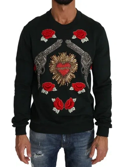 Pre-owned Dolce & Gabbana Dolce&gabbana Men Black Sweater 100% Cotton Crystals Floral Embroidered Pullover