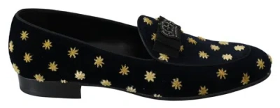 Pre-owned Dolce & Gabbana Dolce&gabbana Men Dark Blue Loafers 100% Cotton Velvet Crown Print Slipper Shoes