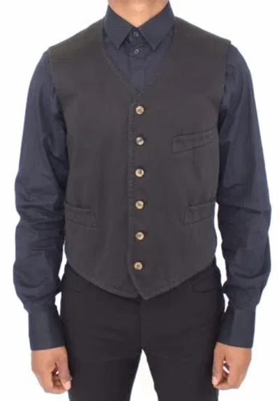 Pre-owned Dolce & Gabbana Dolce&gabbana Men Gray Vest Cotton Blend Stretch Full Button Classic Waistcoat