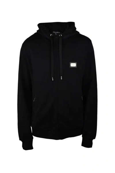 Dolce & Gabbana Logo-plate Zip-up Hooded Sweatshirt In Black