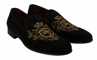 Pre-owned Dolce & Gabbana Dolce&gabbana Men Loafers Black Velvet Gold Crown Shoes Flat Shoes Size Eu 39