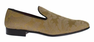Pre-owned Dolce & Gabbana Dolce&gabbana Men Loafers Yellow Gold Silk Baroque Block Heels Slip On Shoes