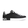 Dolce & Gabbana Portofino Sneakers In Black Leather With Silver Inserts
