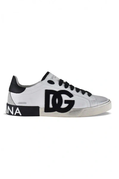 Dolce & Gabbana Portofino Sneakers In Used Effect Leather And Cotton In White