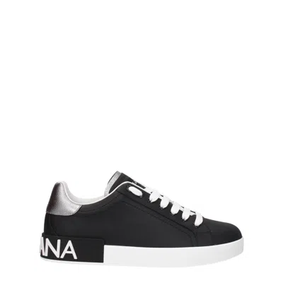 Dolce & Gabbana Portofino Sneakers In Black Leather With Silver Inserts Dolce E Gabbana