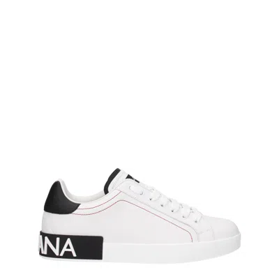 Dolce & Gabbana Portofino White Low Top Sneakers With Patch Logo And Red Stitching In Smooth Leather Man