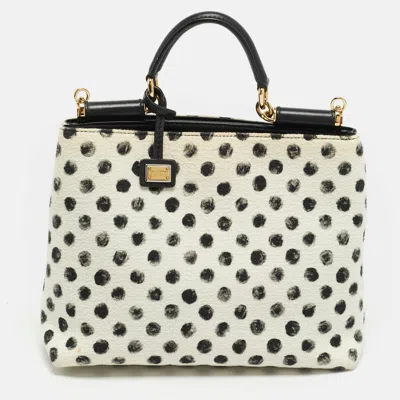 Pre-owned Dolce & Gabbana Dolce And Gabbana Miss Sicily White/black Polka Dot Fabric Top Handle Bag
