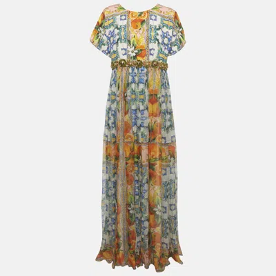Pre-owned Dolce & Gabbana Dolce And Gabbana Multicolour Majolica Print Silk Embellished Maxi Dress L