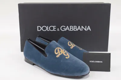 Pre-owned Dolce & Gabbana Dolce&gabbana Nwb Loafers / Slippers Size 40 7 Us Blue Velvet W/ Gold Dg Logo