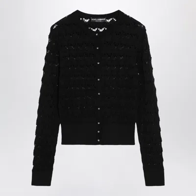Dolce & Gabbana Openwork Knit Cardigan In Virgin Wool, Black In Blue