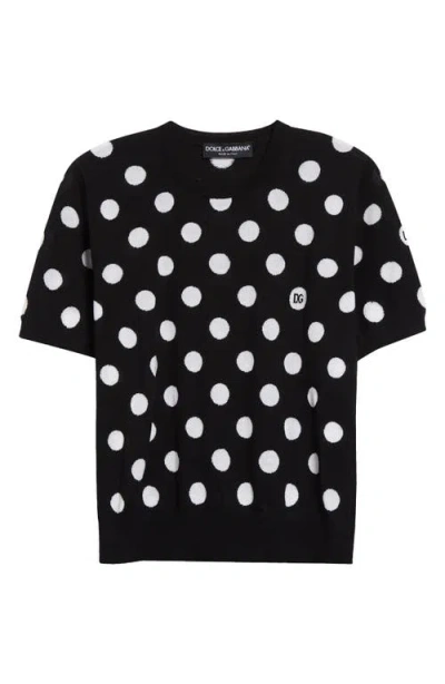 Dolce & Gabbana Dolce&gabbana Polka Dot Jacquard Virgin Wool & Silk Sweater In Nero/bianco