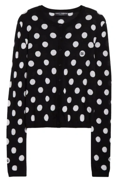 Dolce & Gabbana Dolce&gabbana Polka Dot Virgin Wool & Silk Cardigan In N0004 Nero/bianco