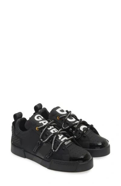 Dolce & Gabbana Black Calfskin And Patent Leather Portifino Sneakers