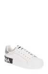 Dolce & Gabbana Women Portofino White Leather Sneakers With Logo In White/silver
