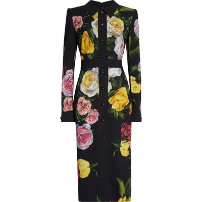 Dolce & Gabbana Long Chemise Dress With Floral Print In Black