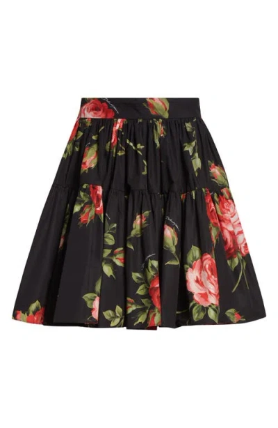 Dolce & Gabbana Dolce&gabbana Rose Bouquet Pleated Cotton Poplin A-line Miniskirt In Black