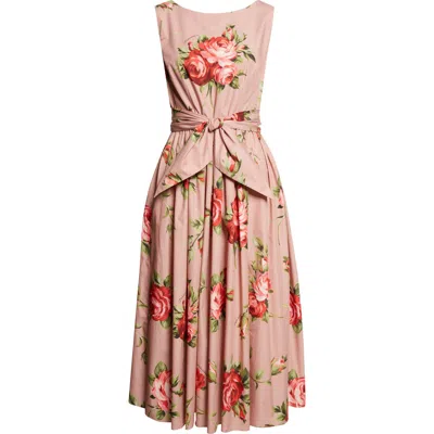 Dolce & Gabbana Abito Midi In Cotone Rosa Con Stampa Fiori Dolce E Gabbana In Pink