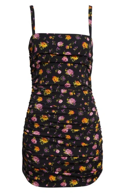 Dolce & Gabbana Dolce&gabbana Rose Bouquet Ruched Stretch Silk Charmeuse Minidress In Black